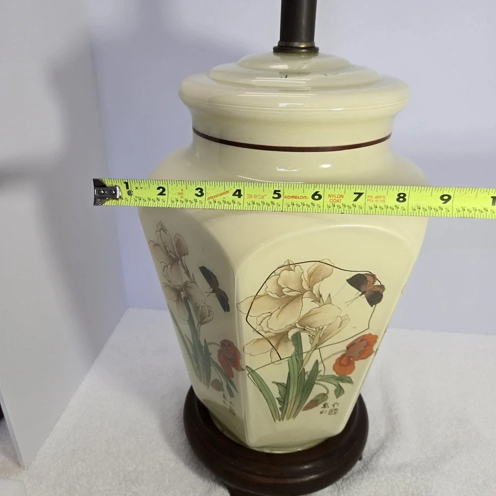 MCM Chinese Ginger Jar Iris Poppy Butterfly Gold Accent Large Table Lamp NO BULB
